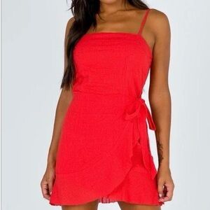 Princess Polly Rosana Dress Red Cotton Gauze Wrap Mini Tie Waist Size 8
